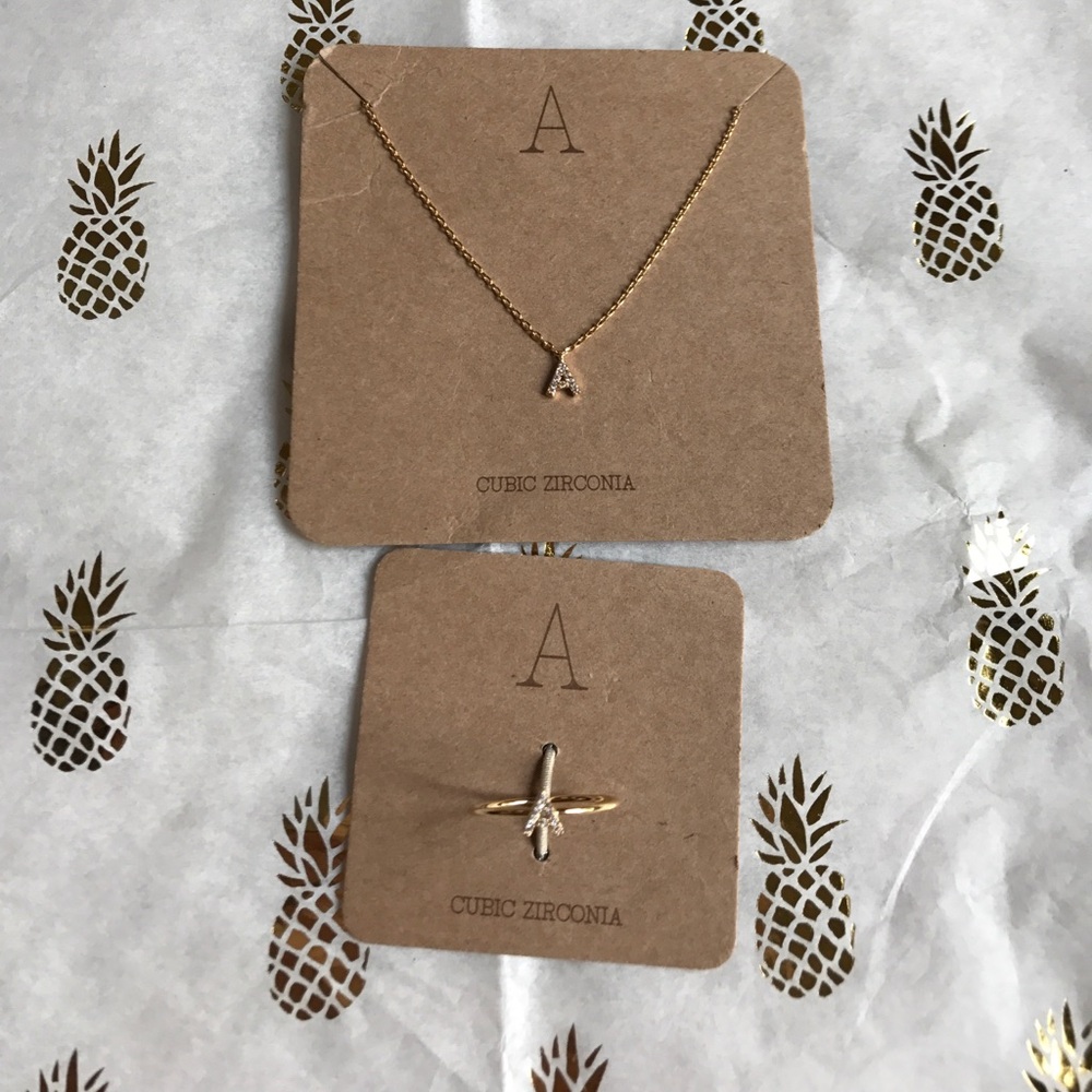 Cubic zirconia "A" ring size 7 and necklace letter name set